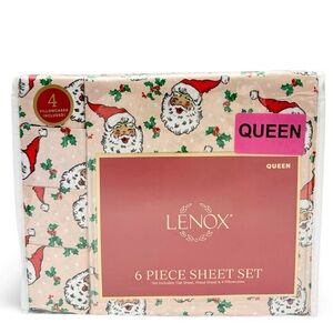 Lenox Vintage Style Santa Claus Face Holly Pink Christmas 6 Pc Sheet Set QUEEN